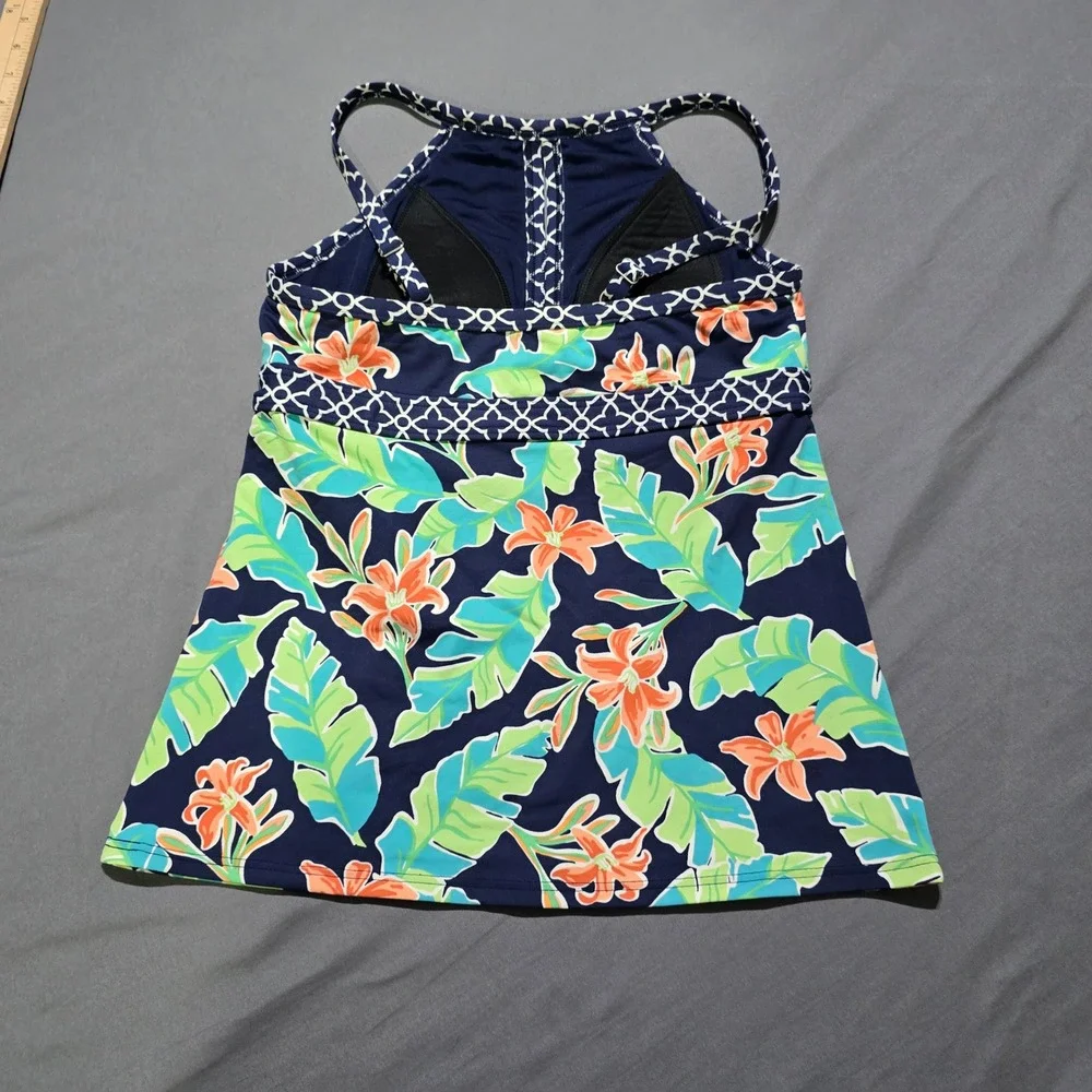 Lands End Tankini Top Womens 4 Navy Blue Floral Tropical High Neck Swimwear